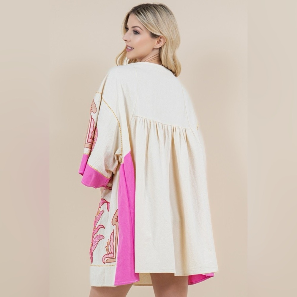 Neon Pink Long Sleeve V Neck Floral boho bohemian Embroidered Dress - Picture 12 of 13